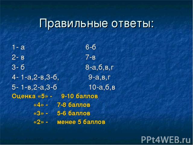 Правильные ответы: 1- а 6-б 2- в 7-в 3- б 8-а,б,в,г 4- 1-а,2-в,3-б, 9-а,в,г 5- 1-в,2-а,3-б 10-а,б,в Оценка «5» - 9-10 баллов «4» - 7-8 баллов «3» - 5-6 баллов «2» - менее 5 баллов