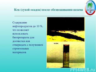 * Кек (сухой осадок) после обезвоживания шлама Содержание нефтепродуктов до 10 %