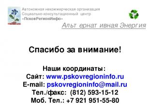 Спасибо за внимание! Наши координаты: Сайт: www.pskovregioninfo.ru E-mail: pskov