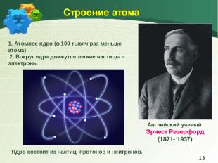 Строение атома Английский ученый Эрнест Резерфорд (1871- 1937) 1. Атомное ядро (