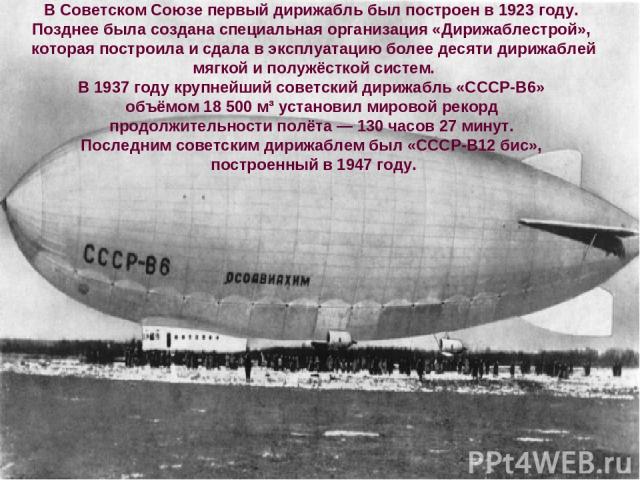 В Советском Союзе первый дирижабль был построен в 1923 году. Позднее была создана специальная организация «Дирижаблестрой», которая построила и сдала в эксплуатацию более десяти дирижаблей мягкой и полужёсткой систем. В 1937 году крупнейший советски…
