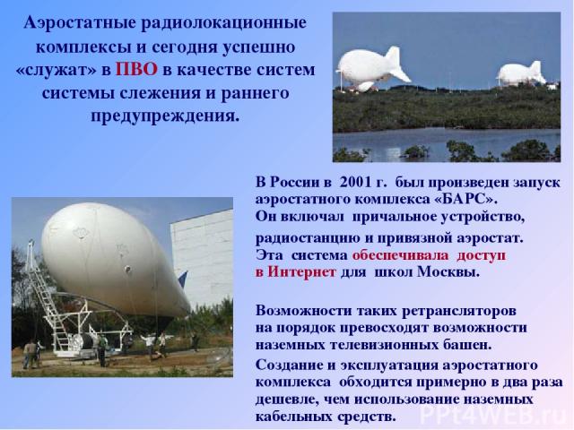 Аэростатные радиолокационные комплексы и сегодня успешно «служат» в ПВО в качестве систем системы слежения и раннего предупреждения. В России в  2001 г.  был произведен запуск аэростатного комплекса «БАРС». Он включал  причальное устройство,   радио…