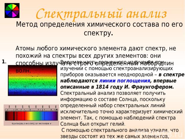 Спектральный анализ Метод определения химического состава по его спектру. Атомы любого химического элемента дают спектр, не похожий на спектры всех других элементов: они способны излучать строго определенный набор длин волн. Видимая часть солнечного…