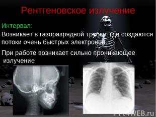Рентгеновское излучение Интервал: Возникает в газоразрядной трубке, где создаютс