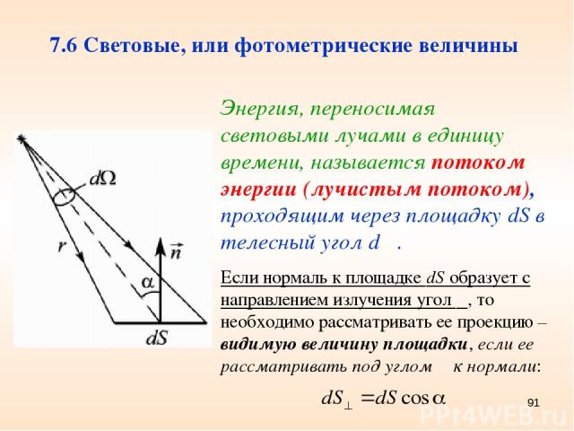 * 7.6 Световые, или фотометрические величины Энергия, переносимая световыми лучами в единицу времени, называется потоком энергии (лучистым потоком), проходящим через площадку dS в телесный угол dΩ. Если нормаль к площадке dS образует с направлением …