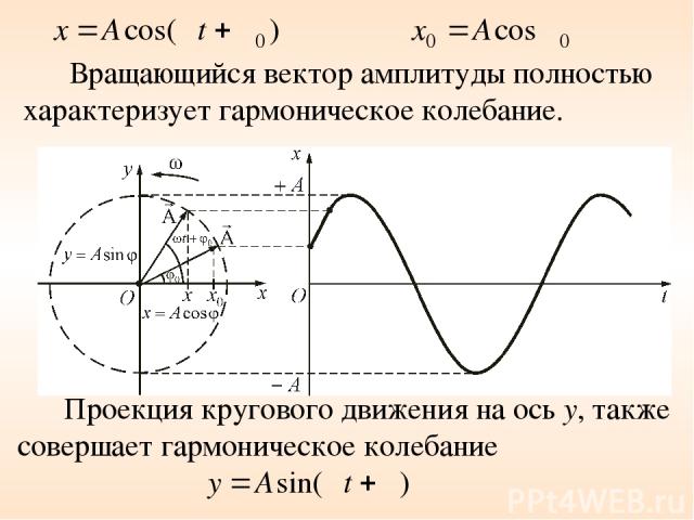 Вращающийся вектор амплитуды полностью характеризует гармоническое колебание. Проекция кругового движения на ось у, также совершает гармоническое колебание