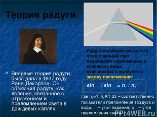 Теория радуги Впервые теория радуги была дана в 1637 году Рене Декартом. Он объя
