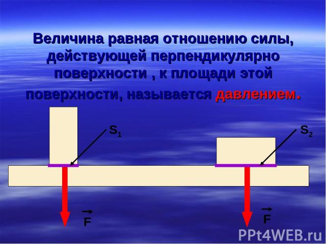 Величина равная отношению силы, действующей перпендикулярно поверхности , к площади этой поверхности, называется давлением.