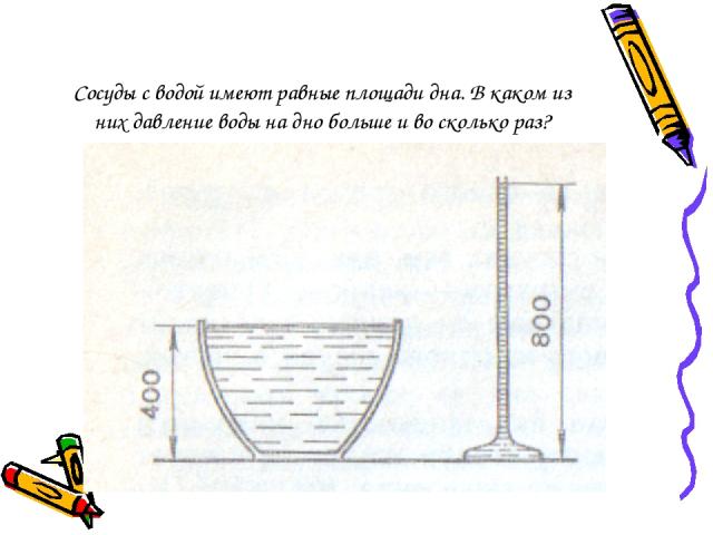 Сосуды с водой имеют равные площади дна. В каком из них давление воды на дно больше и во сколько раз?