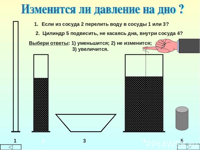 1 2 3 4 Если из сосуда 2 перелить воду в сосуды 1 или 3? 2. Цилиндр 5 подвесить, не касаясь дна, внутри сосуда 4? 5 Выбери ответы: 1) уменьшится; 2) не изменится; 3) увеличится.