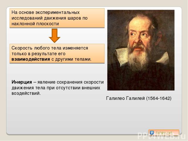 Галилео Галилей (1564-1642) На основе экспериментальных исследований движения шаров по наклонной плоскости Скорость любого тела изменяется только в результате его взаимодействия с другими телами. Инерция – явление сохранения скорости движения тела п…