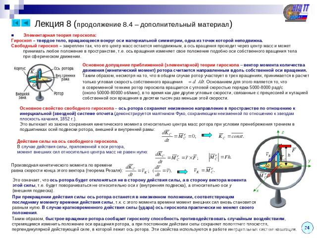 Лекция 8 (продолжение 8.4 – дополнительный материал) 24 ■ Элементарная теория гироскопа: Гироскоп – твердое тело, вращающееся вокруг оси материальной симметрии, одна из точек которой неподвижна. Свободный гироскоп – закреплен так, что его центр масс…