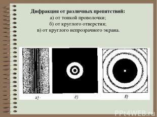 Дифракция от различных препятствий: а) от тонкой проволочки; б) от круглого отве