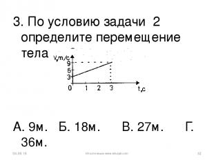 3. По условию задачи 2 определите перемещение тела за 3 с. А. 9м. Б. 18м. В. 27м