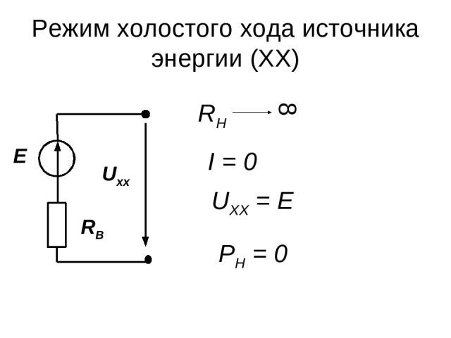 Режим холостого хода источника энергии (ХХ) I = 0 UXX = E PH = 0