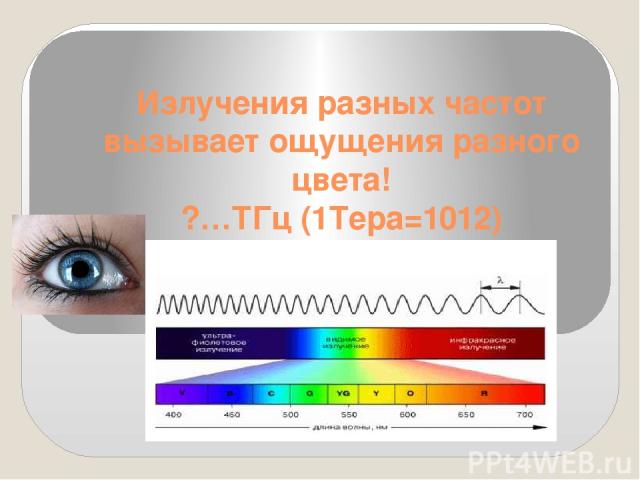 Излучения разных частот вызывает ощущения разного цвета! ?…ТГц (1Тера=1012) (