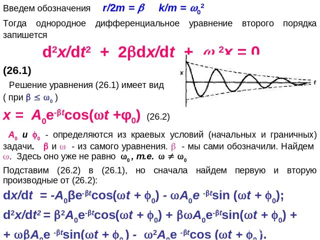 Введем обозначения r/2m = k/m = 02 Тогда однородное дифференциальное уравнение второго порядка запишется d2x/dt2 + 2 dx/dt + 02x = 0 (26.1) Решение уравнения (26.1) имеет вид ( при 0 ) x = A0е- tcos( t +φ0) (26.2) A0 и 0 - определяются из краевых ус…