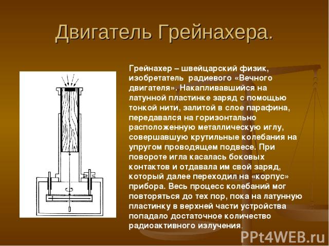 Двигатель Грейнахера. Грейнахер – швейцарский физик, изобретатель радиевого «Вечного двигателя». Накапливавшийся на латунной пластинке заряд с помощью тонкой нити, залитой в слое парафина, передавался на горизонтально расположенную металлическую игл…