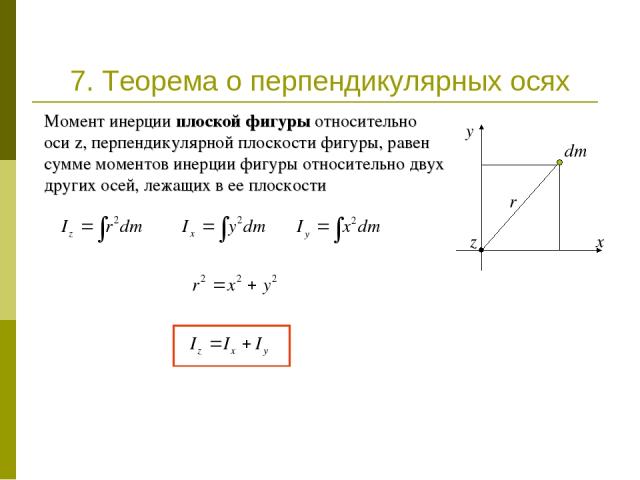 Момент инерции плоской фигуры относительно оси z, перпендикулярной плоскости фигуры, равен сумме моментов инерции фигуры относительно двух других осей, лежащих в ее плоскости 7. Теорема о перпендикулярных осях