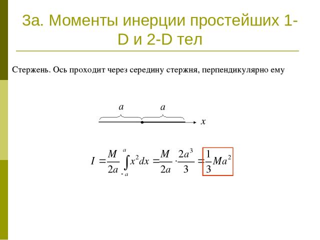 3a. Моменты инерции простейших 1-D и 2-D тел Стержень. Ось проходит через середину стержня, перпендикулярно ему