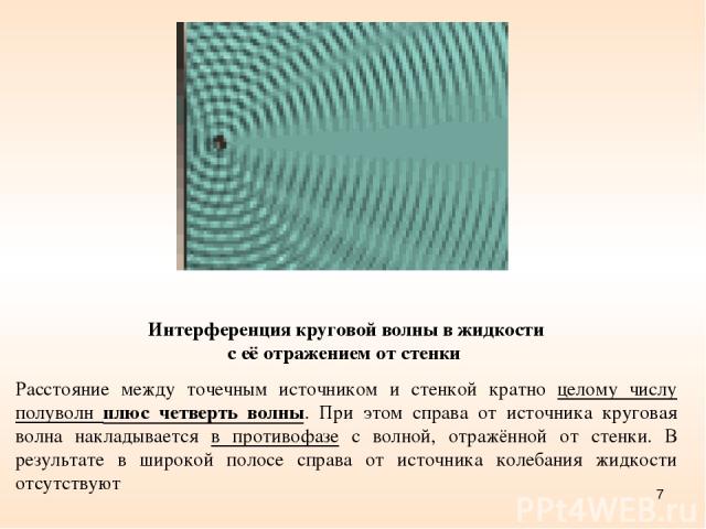 * Интерференция круговой волны в жидкости с её отражением от стенки Расстояние между точечным источником и стенкой кратно целому числу полуволн плюс четверть волны. При этом справа от источника круговая волна накладывается в противофазе с волной, от…