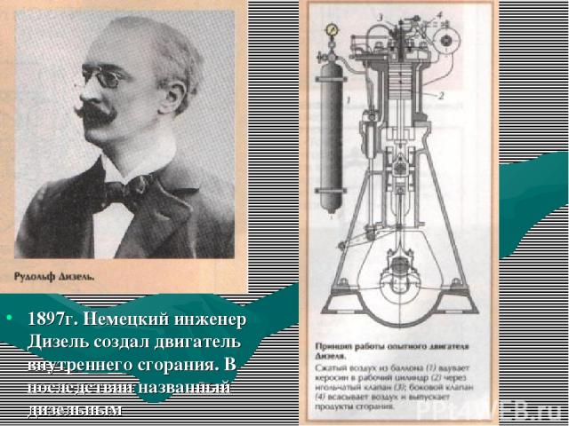 1897г. Немецкий инженер Дизель создал двигатель внутреннего сгорания. В последствии названный дизельным