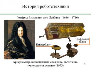 * История робототехники Готфрид Вильгельм фон Лейбниц (1646 – 1716) Арифмометр,
