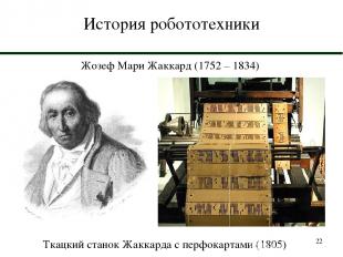 * История робототехники Жозеф Мари Жаккард (1752 – 1834) Ткацкий станок Жаккарда