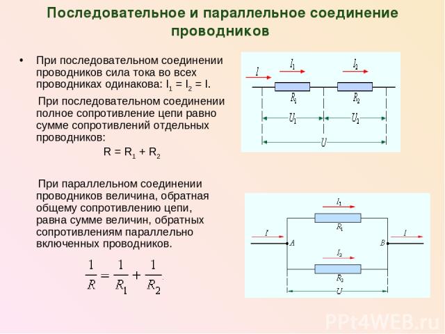 Последовательное и параллельное соединение проводников При последовательном соединении проводников сила тока во всех проводниках одинакова: I1 = I2 = I. При последовательном соединении полное сопротивление цепи равно сумме сопротивлений отдельных пр…