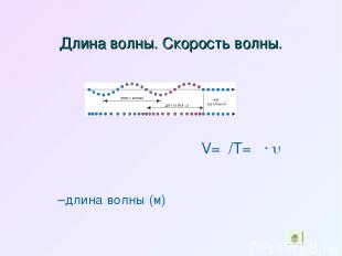 Длина волны. Скорость волны. V=λ/Т= λ∙ λ –длина волны (м)