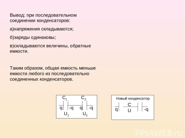 Вывод: при последовательном соединении конденсаторов: а)напряжения складываются; б)заряды одинаковы; в)складываются величины, обратные емкости. Таким образом, общая емкость меньше емкости любого из последовательно соединенных конденсаторов.