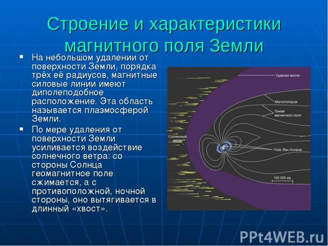 Строение и характеристики магнитного поля Земли На небольшом удалении от поверхности Земли, порядка трёх её радиусов, магнитные силовые линии имеют диполеподобное расположение. Эта область называется плазмосферой Земли. По мере удаления от поверхнос…
