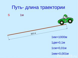 Путь- длина траектории 300 м S 1м 1км=1000м 1дм=0,1м 1см=0,01м 1мм=0,001м