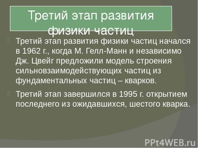 Третий этап развития физики частиц Третий этап развития физики частиц начался в 1962 г., когда М. Гелл-Манн и независимо Дж. Цвейг предложили модель строения сильновзаимодействующих частиц из фундаментальных частиц – кварков. Третий этап завершился …