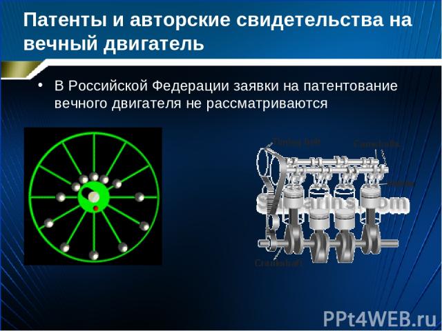 Патенты и авторские свидетельства на вечный двигатель В Российской Федерации заявки на патентование вечного двигателя не рассматриваются