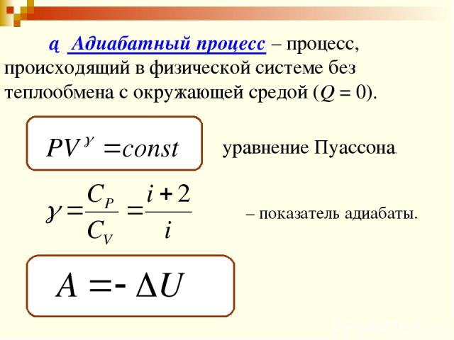 ► Адиабатный процесс – процесс, происходящий в физической системе без теплообмена с окружающей средой (Q = 0). γ – показатель адиабаты. уравнение Пуассона.