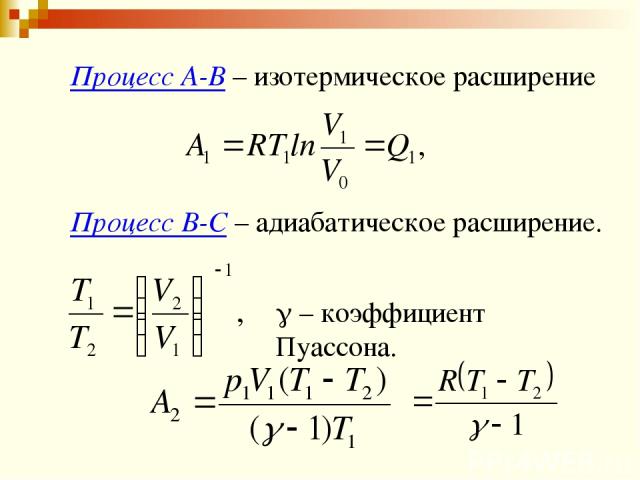 Процесс А-В – изотермическое расширение Процесс В-С – адиабатическое расширение. – коэффициент Пуассона.