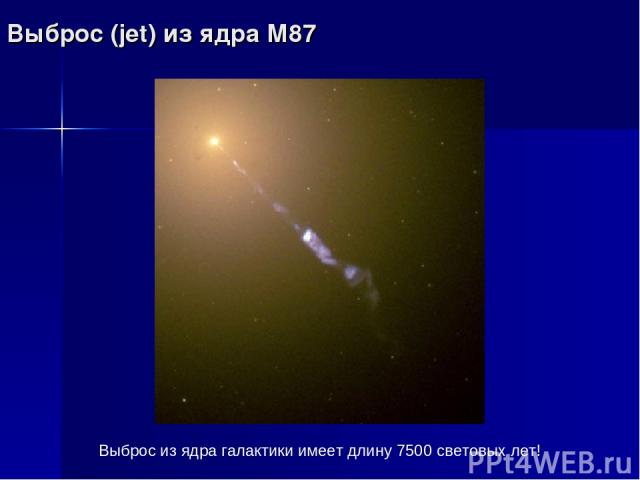 Выброс (jet) из ядра М87 Выброс из ядра галактики имеет длину 7500 световых лет!