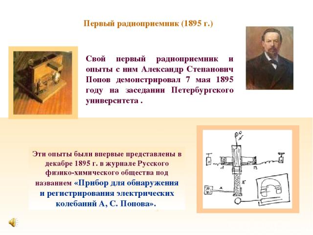 Ззз з Первый радиоприемник (1895 г.) Эти опыты были впервые представлены в декабре 1895 г. в журнале Русского физико-химического общества под названием «Прибор для обнаружения и регистрирования электрических колебаний А, С. Попова». Свой первый ради…