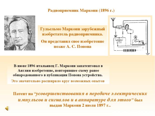 Ззз з Гульельмо Маркони зарубежный изобретатель радиоприемника. Он представил свое изобретение позже А. С. Попова В июне 1896 итальянец Г. Маркони запатентовал в Англии изобретение, повторявшее схему ранее обнародованного в публикации Попова устройс…