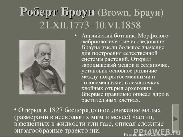 Роберт Броун (Brown, Браун) 21.XII.1773–10.VI.1858 Английский ботаник. Морфолого-эмбриологические исследования Брауна имели большое значение для построения естественной системы растений. Открыл зародышевый мешок в семяпочке, установил основное разли…