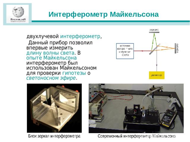Интерферометр Майкельсона двухлучевой интерферометр, Данный прибор позволил впервые измерить длину волны света. В опыте Майкельсона интерферометр был использован Майкельсоном для проверки гипотезы о светоносном эфире.
