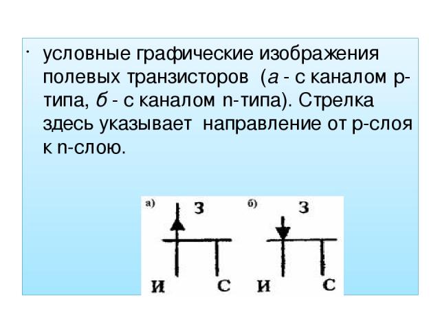условные графические изображения полевых транзисторов (а - с каналом p-типа, б - с каналом n-типа). Стрелка здесь указывает направление от p-слоя к n-слою.
