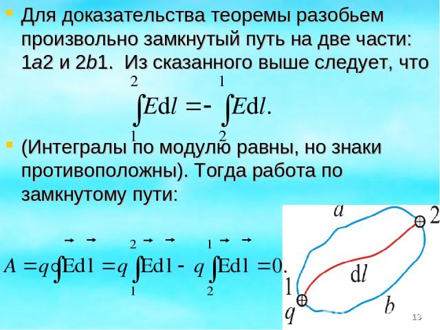 Для доказательства теоремы разобьем произвольно замкнутый путь на две части: 1а2 и 2b1. Из сказанного выше следует, что (Интегралы по модулю равны, но знаки противоположны). Тогда работа по замкнутому пути: *