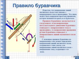 Правило буравчика Известно, что направление линий магнитного поля тока связано с