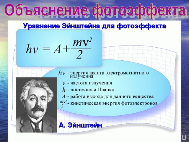 Уравнение Эйнштейна для фотоэффекта А. Эйнштейн