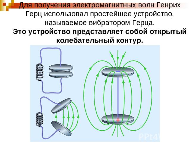 Для получения электромагнитных волн Генрих Герц использовал простейшее устройство, называемое вибратором Герца. Это устройство представляет собой открытый колебательный контур.