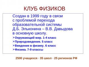 КЛУБ ФИЗИКОВ Создан в 1999 году в связи с проблемой перехода образовательной сис