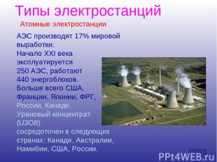 Типы электростанций АЭС производят 17% мировой выработки. Начало ХХI века эксплу