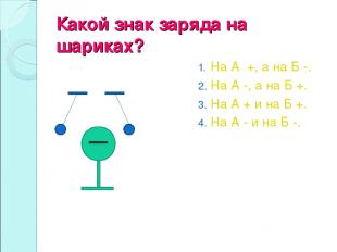 Какой знак заряда на шариках? А Б На А +, а на Б -. На А -, а на Б +. На А + и н